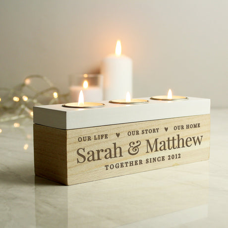 Personalised Our Life Story & Home Triple Tea Light Box: 1 - Candle Holders By Gift Moments