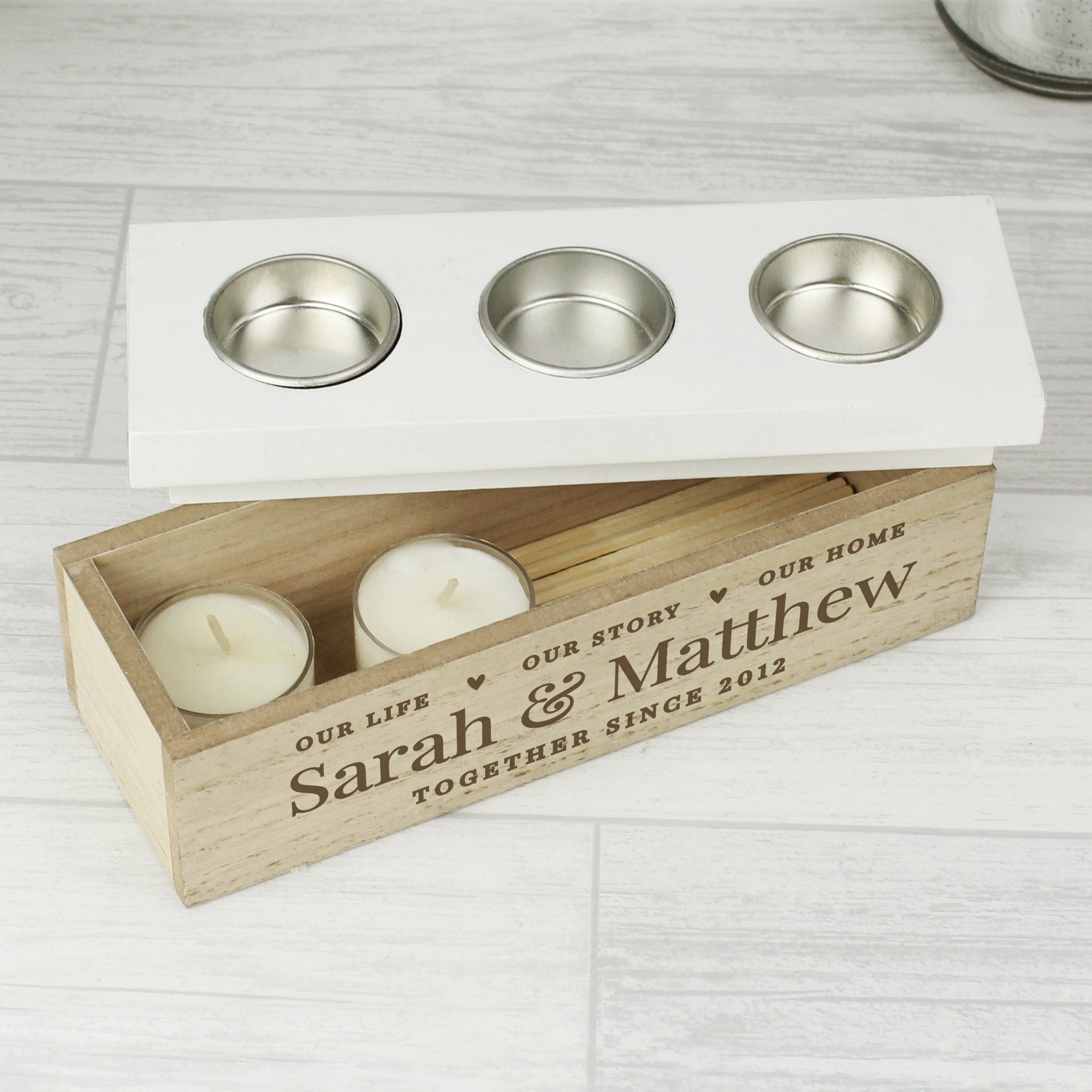 Personalised Our Life Story & Home Triple Tea Light Box: 2 - Candle Holders By Gift Moments