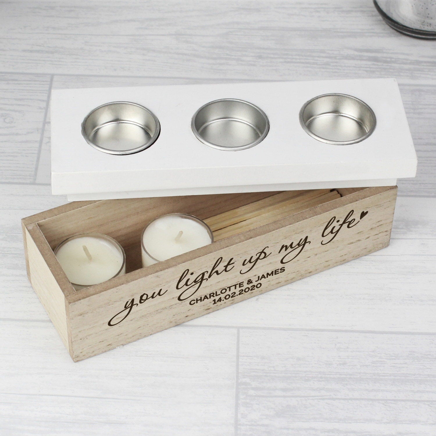 Personalised You Light Up My Life Triple Tea Light Box: 3 - Candle Holders By Gift Moments