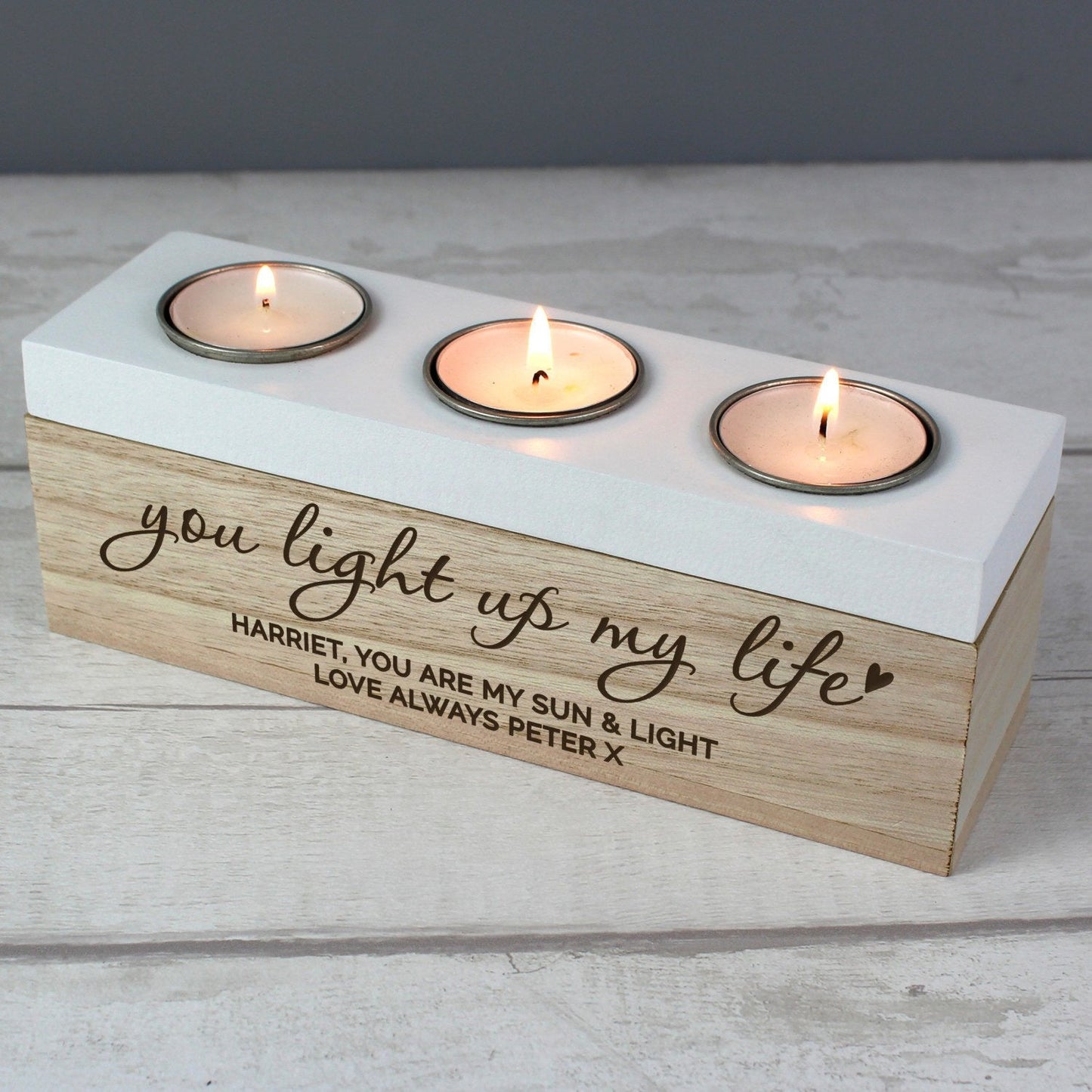 Personalised You Light Up My Life Triple Tea Light Box: 2 - Candle Holders By Gift Moments