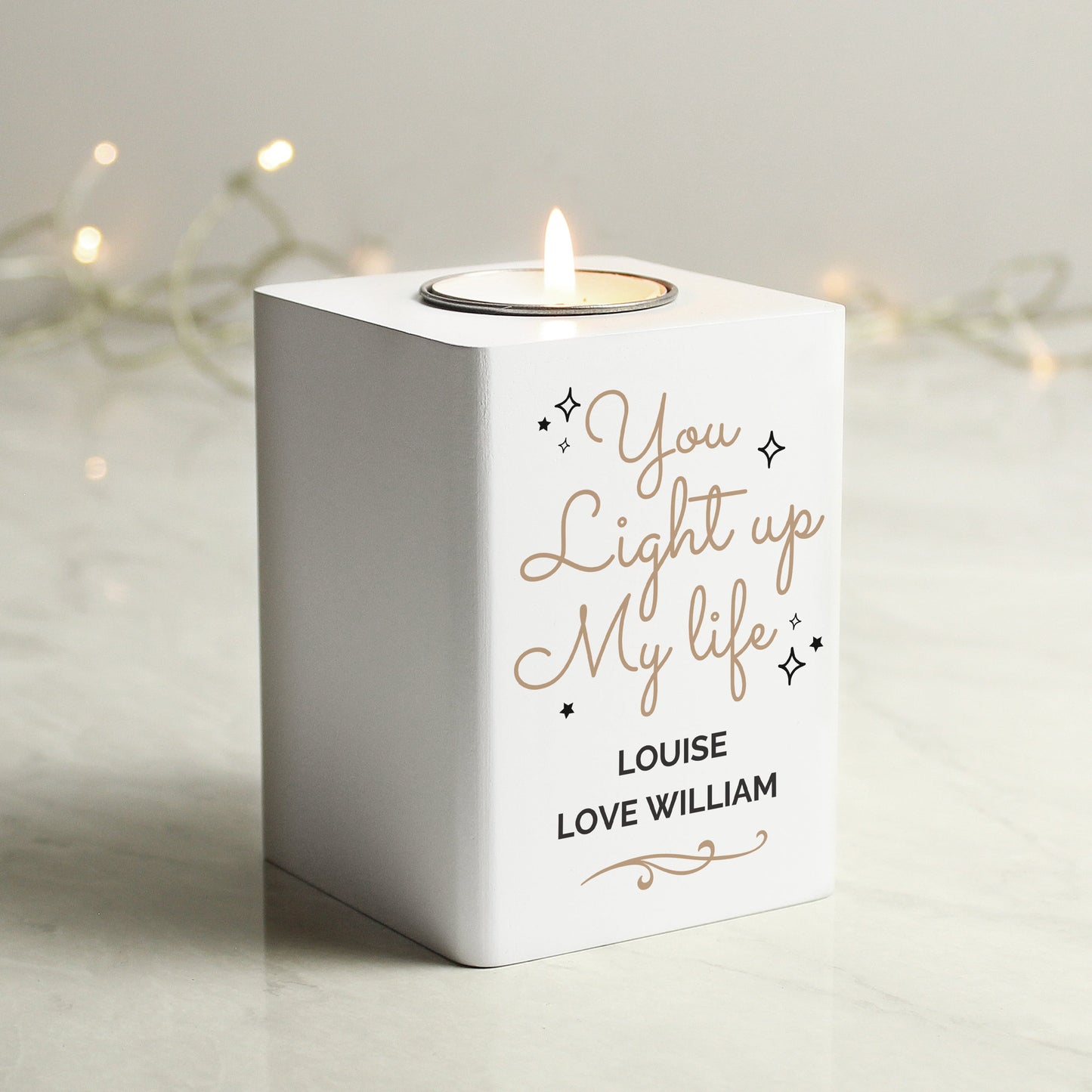 Personalised Light Up My Life White Wooden Tea light Holder: 1 - Candle Holders By Gift Moments