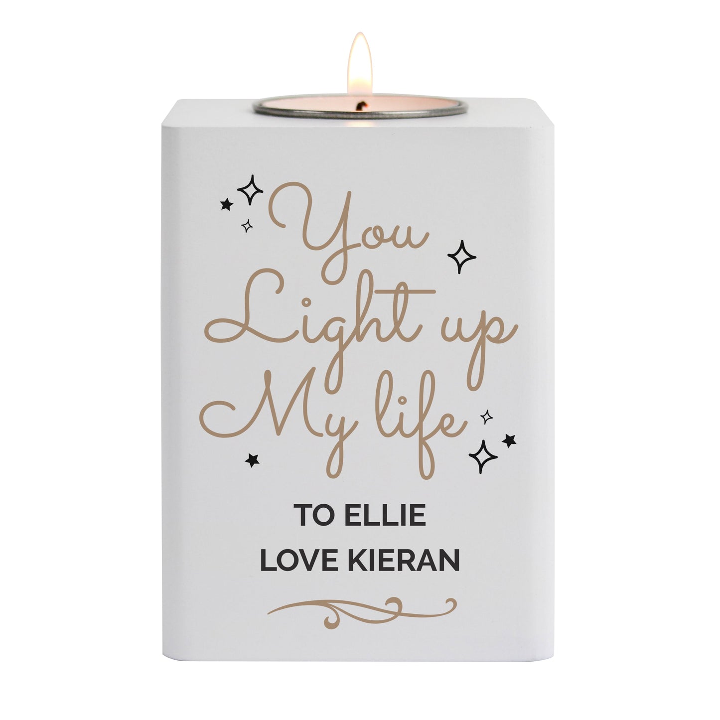 Personalised Light Up My Life White Wooden Tea light Holder: 4 - Candle Holders By Gift Moments