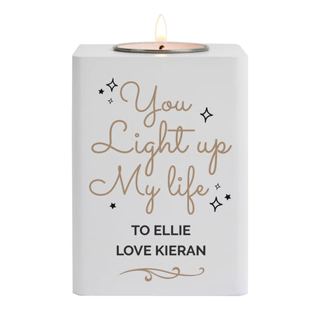 Personalised Light Up My Life White Wooden Tea light Holder: 4 - Candle Holders By Gift Moments