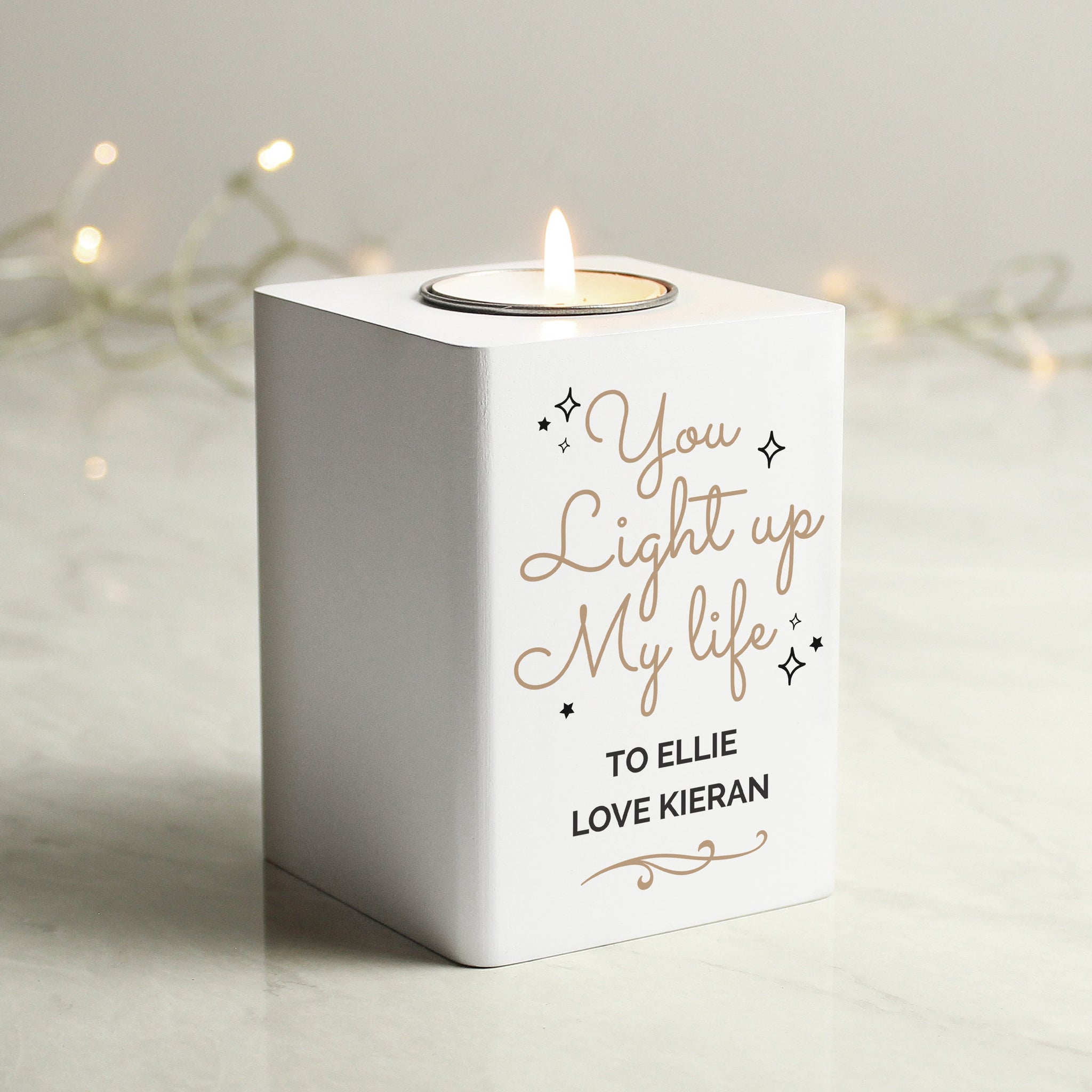 Personalised Light Up My Life White Wooden Tea light Holder: 3 - Candle Holders By Gift Moments