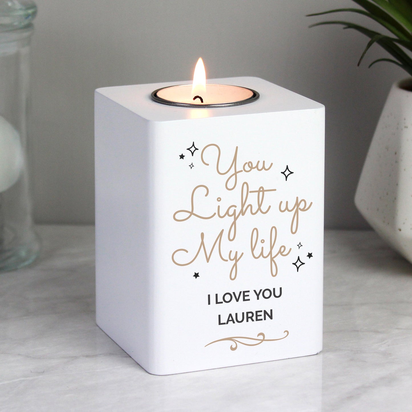 Personalised Light Up My Life White Wooden Tea light Holder: 2 - Candle Holders By Gift Moments
