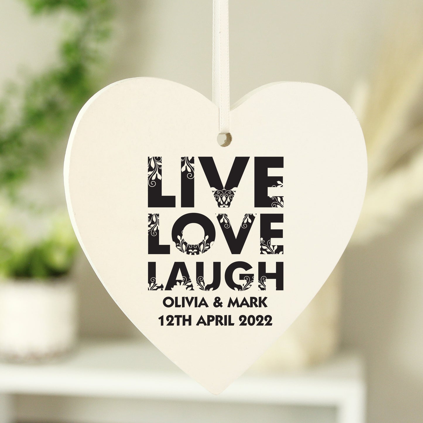 Personalised Live Love Laugh Wooden Heart Decoration: 1 - Decorations By Gift Moments