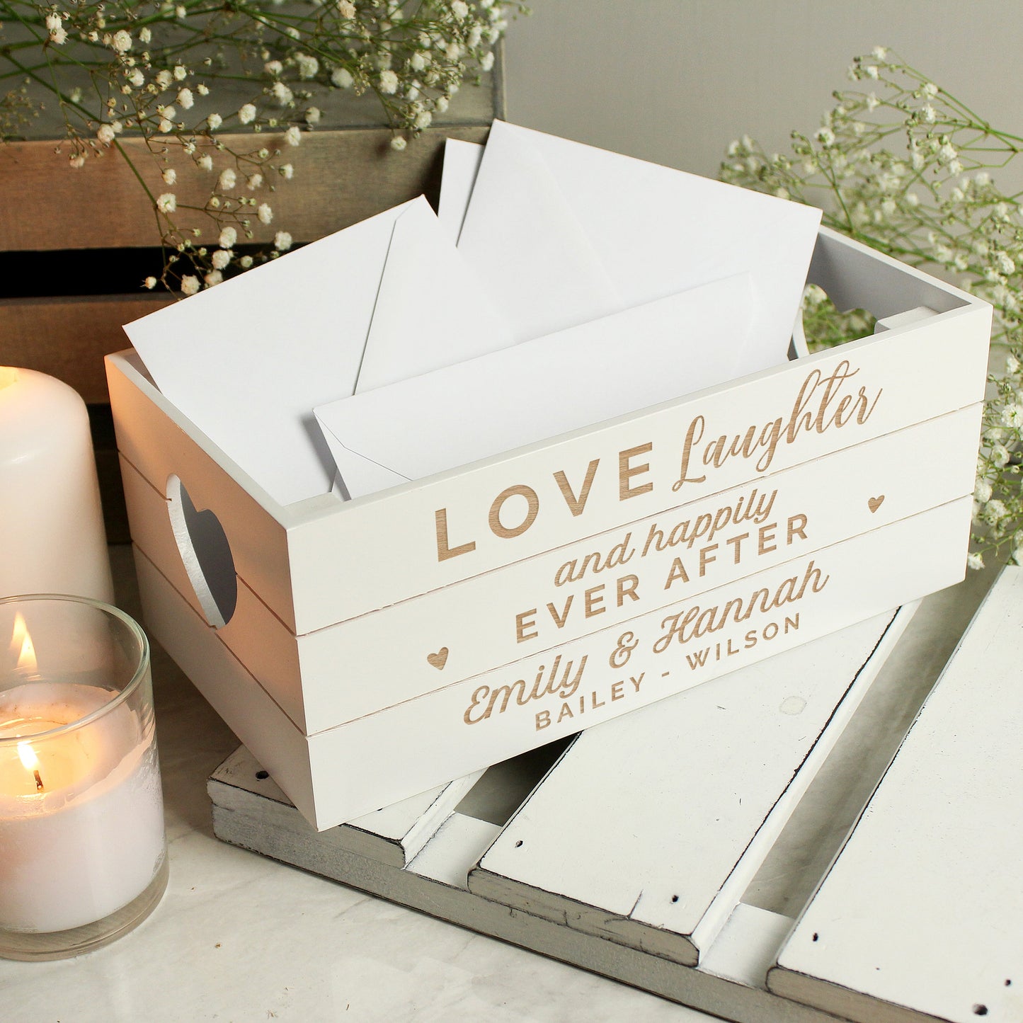 Personalised Love Laughter &... White Wooden Crate: 4 - Storage By Gift Moments