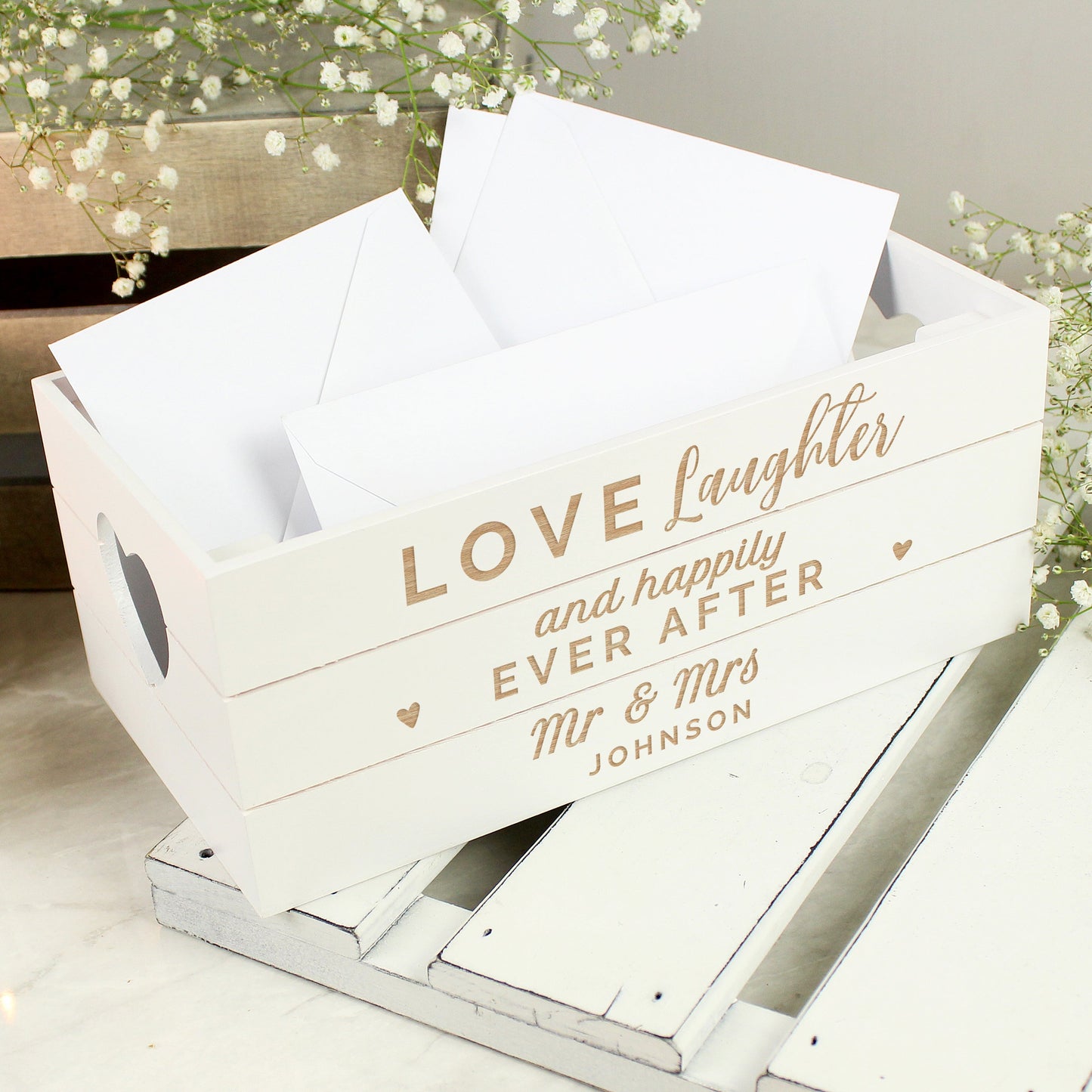 Personalised Love Laughter &... White Wooden Crate: 2 - Storage By Gift Moments