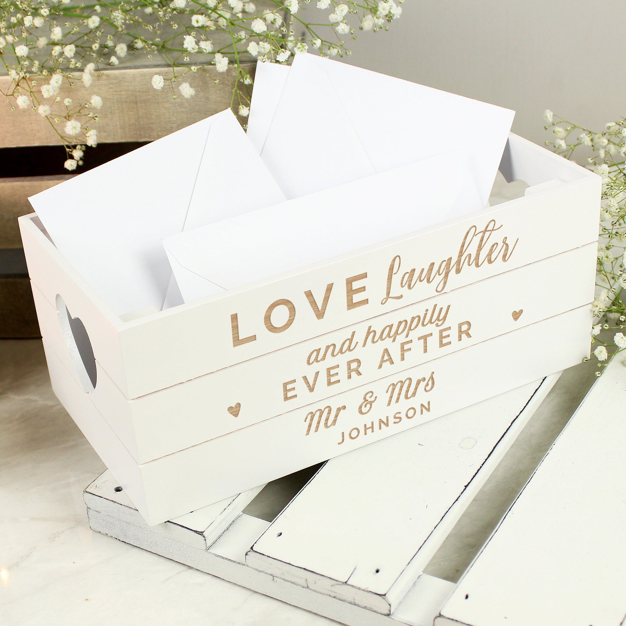 Personalised Love Laughter &... White Wooden Crate: 2 - Storage By Gift Moments