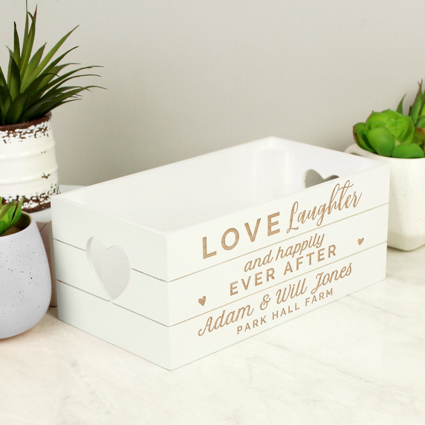 Personalised Love Laughter &... White Wooden Crate: 3 - Storage By Gift Moments