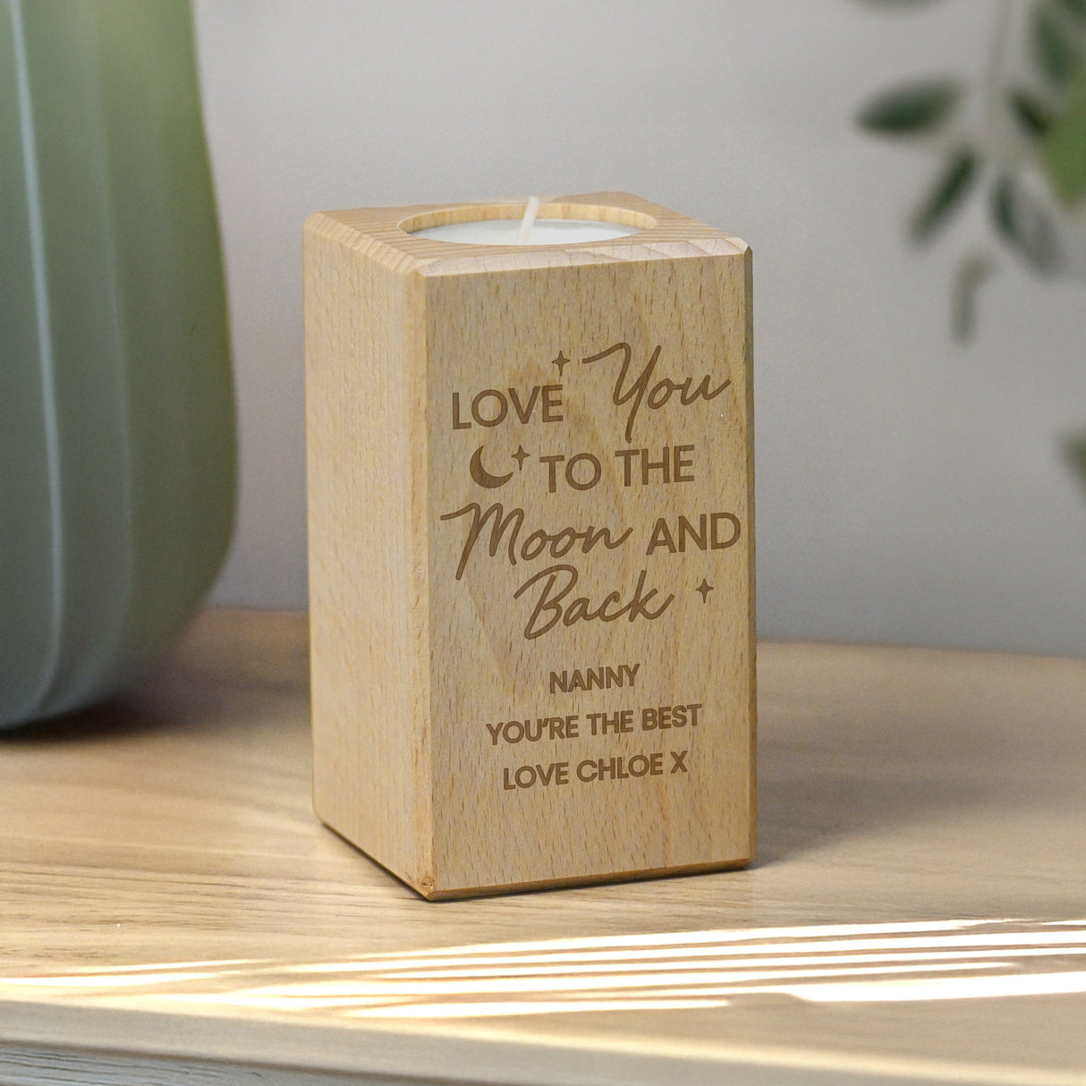 Personalised Love You To The Moon Wooden Tealight Holder: 3 - Candle Holders By Gift Moments