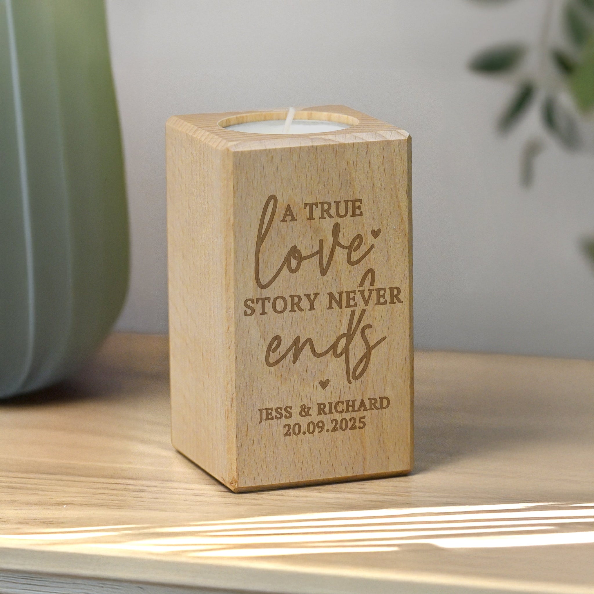 Personalised Love Story Wooden Tealight Holder: 3 - Candle Holders By Gift Moments