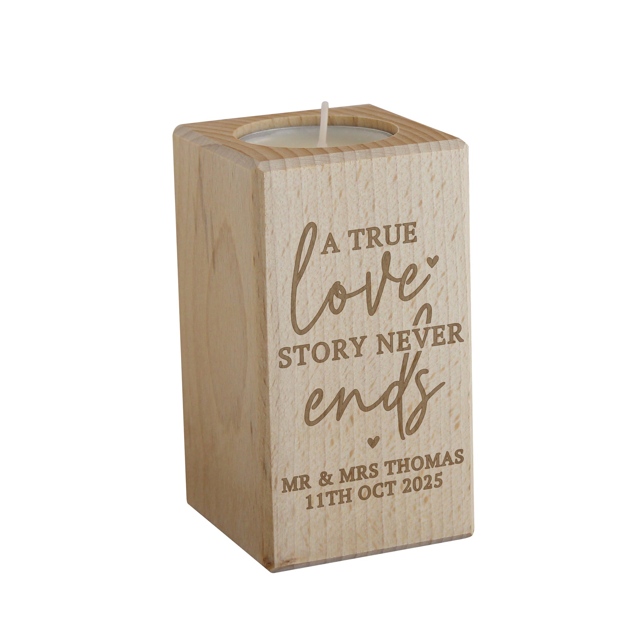 Personalised Love Story Wooden Tealight Holder: 4 - Candle Holders By Gift Moments