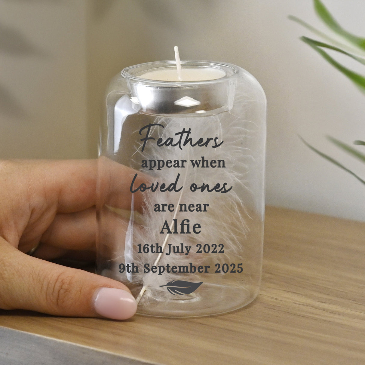 Personalised Loved Ones Memorial Feather Tealight Holder: 3 - Candle Holders By Gift Moments