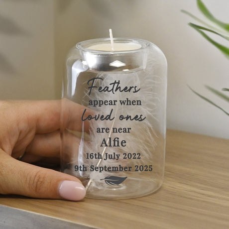 Personalised Loved Ones Memorial Feather Tealight Holder: 3 - Candle Holders By Gift Moments