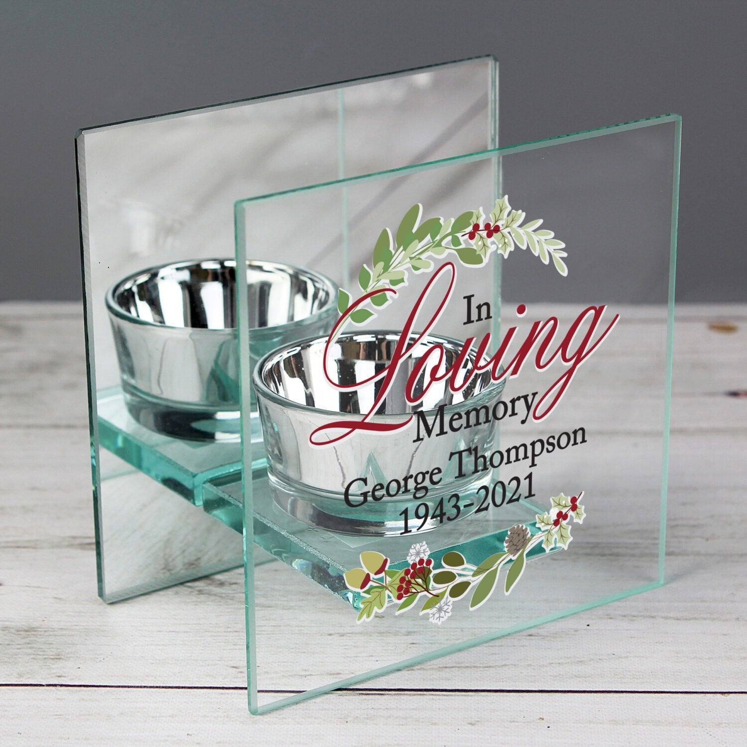 Personalised In Loving Memory Christmas Mirrored Glass Tea Light Candle Holder: 2 - Candle Holders By Gift Moments