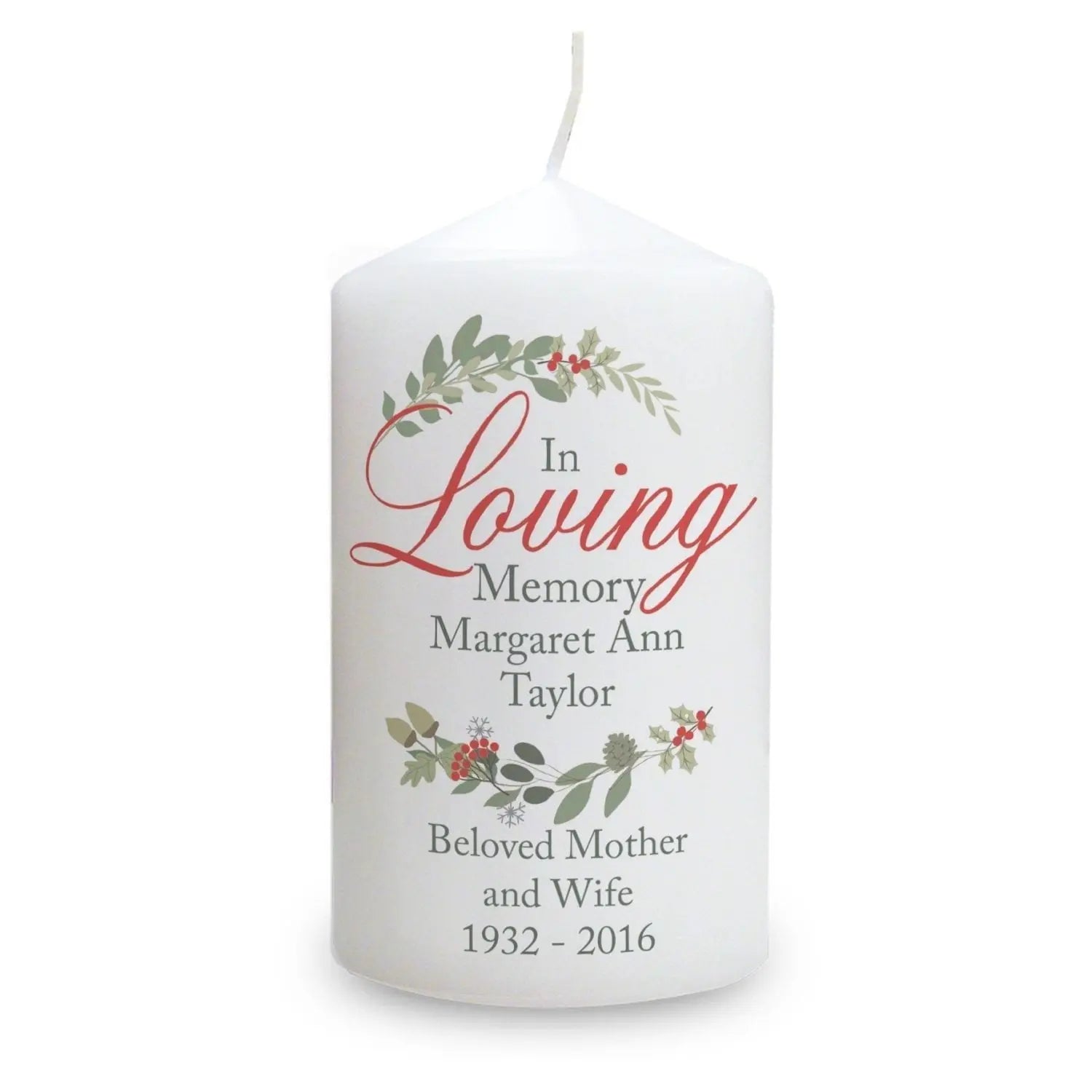Personalised In Loving Memory Wreath Pillar Candle: 2 - Candles By Gift Moments