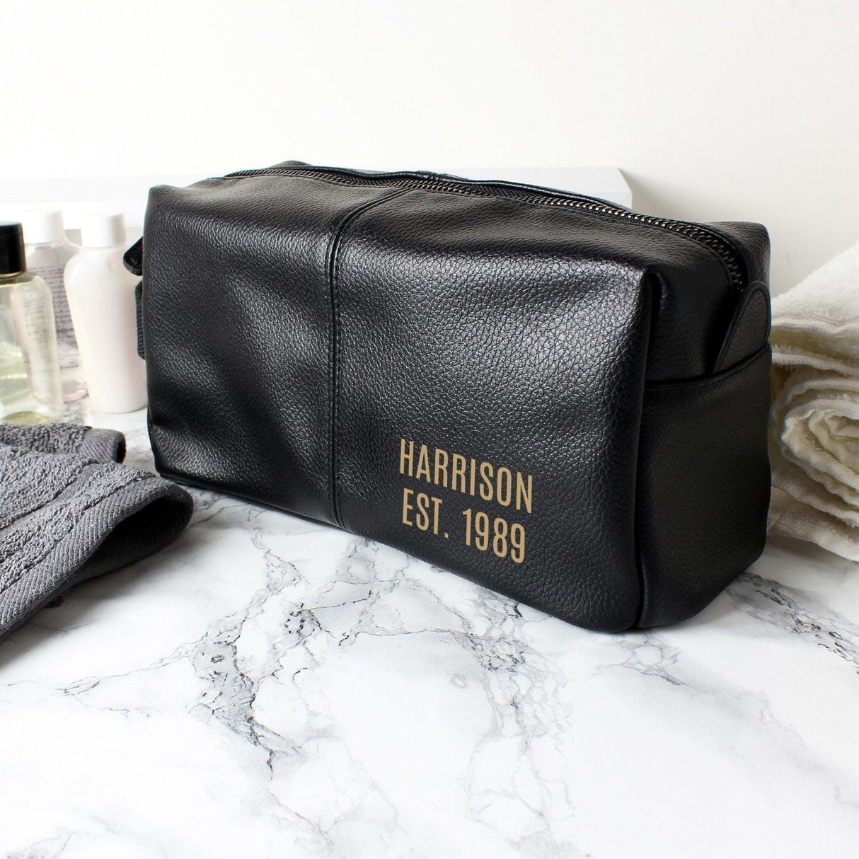 Personalised Luxury Black leatherette Wash Bag: 2 - Toiletry & Makeup Bags By Gift Moments