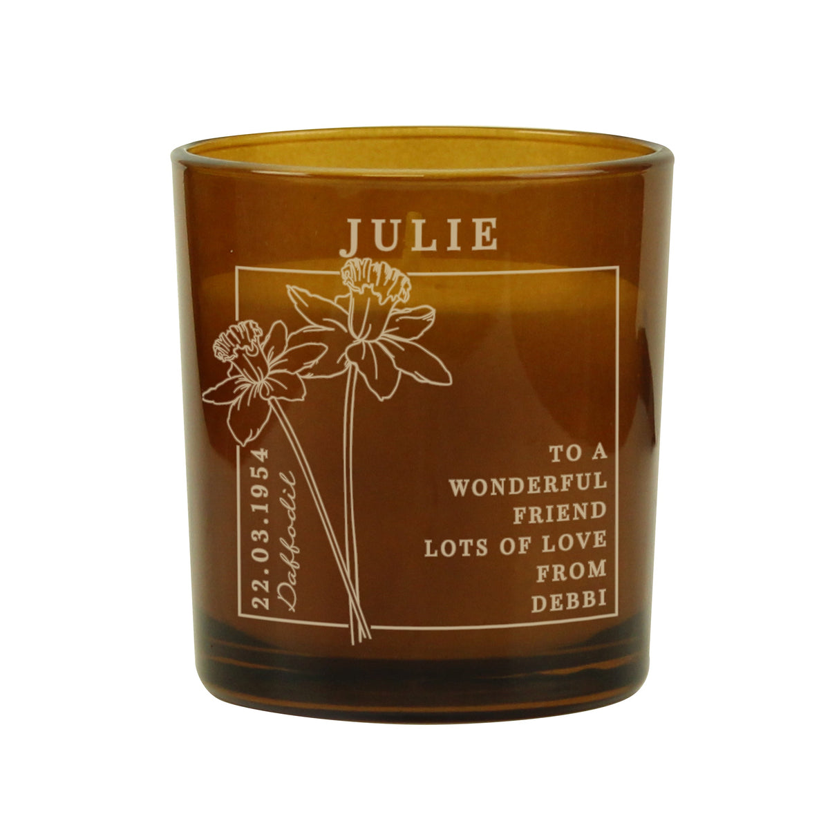 Personalised March Birth Flower Amber Glass Candle: 5 - Candles By Gift Moments