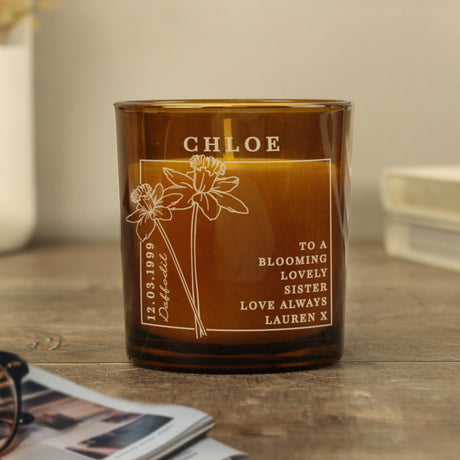 Personalised March Birth Flower Amber Glass Candle: 6 - Candles By Gift Moments