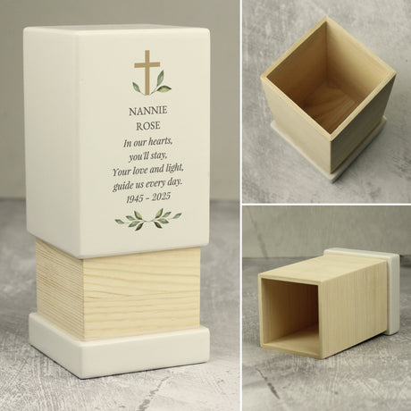 Personalised Memorial Cross Small Wooden Urn: 7 - Urns By Gift Moments
