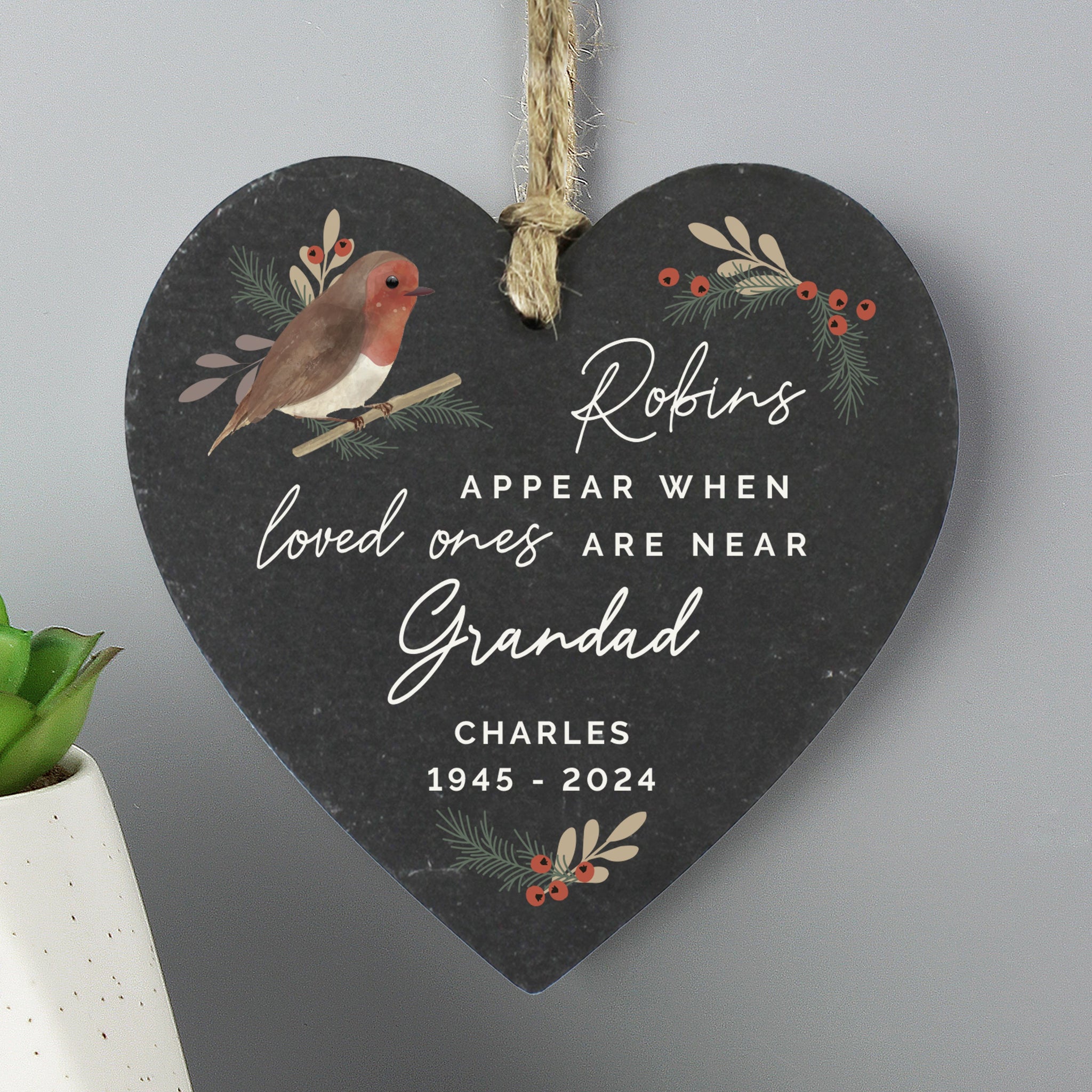 Personalised Memorial Robins Appear Slate Heart: 2 - Decorations By Gift Moments