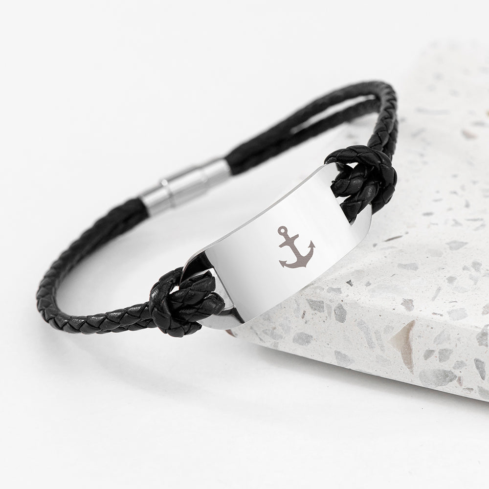 Personalised Men’s Anchor Statement Leather Bracelets: 3 - Black - Bracelets By Gift Moments