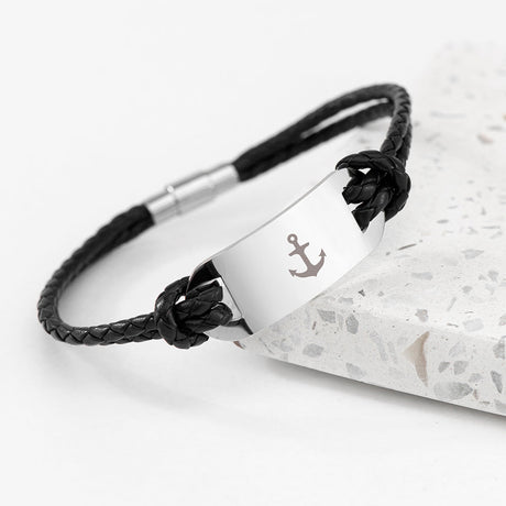 Personalised Men’s Anchor Statement Leather Bracelets: 3 - Black - Bracelets By Gift Moments