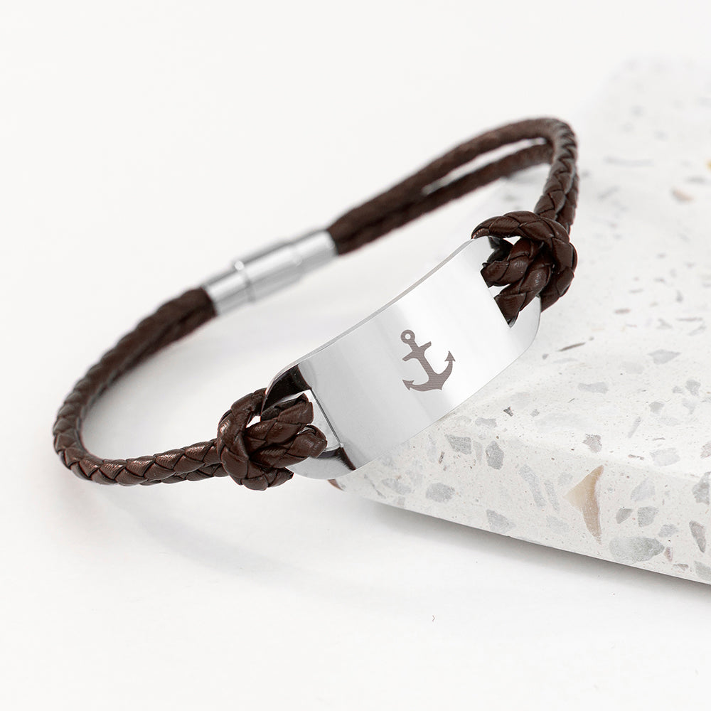 Personalised Men’s Anchor Statement Leather Bracelets: 1 - Brown - Bracelets By Gift Moments