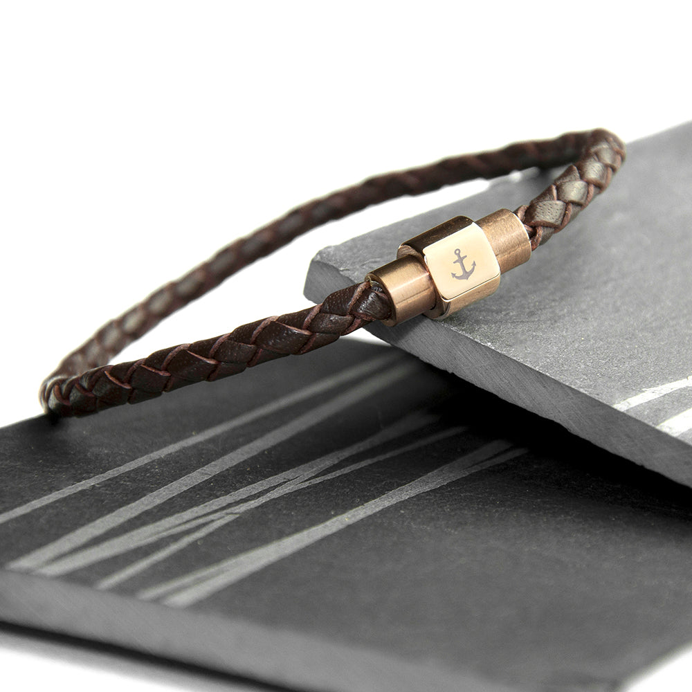 Personalised Men’s Anchor Woven Leather Bracelets: 2 - Brown - Bracelets By Gift Moments