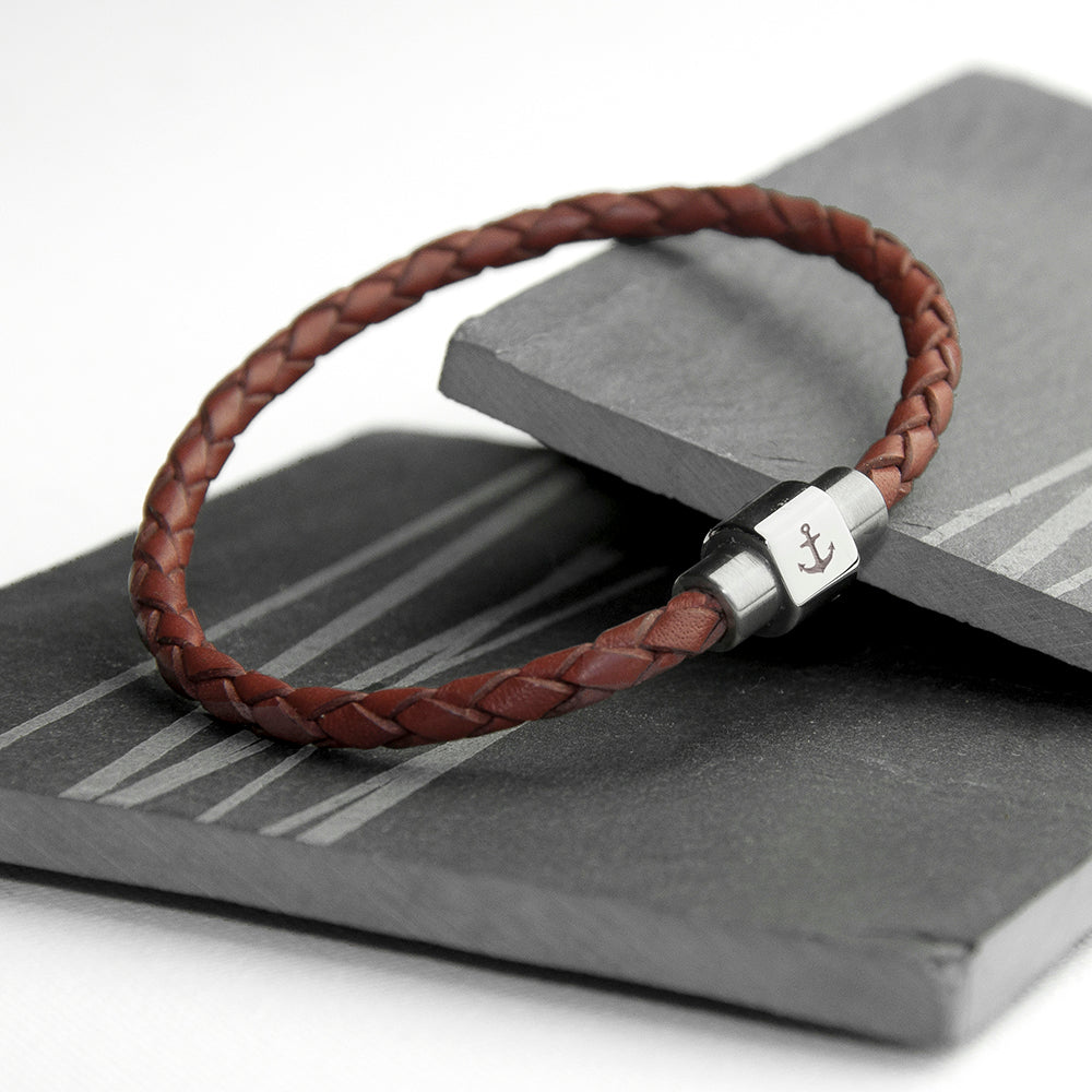 Personalised Men’s Anchor Woven Leather Bracelets: 3 - Burnt Sienna - Bracelets By Gift Moments