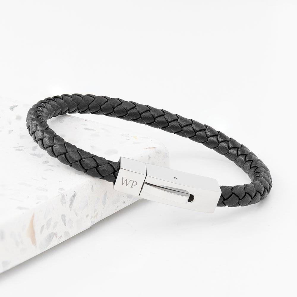 Personalised Men’s Black Leather Bracelet with Tube Clasp: 1 - Bracelets By Gift Moments