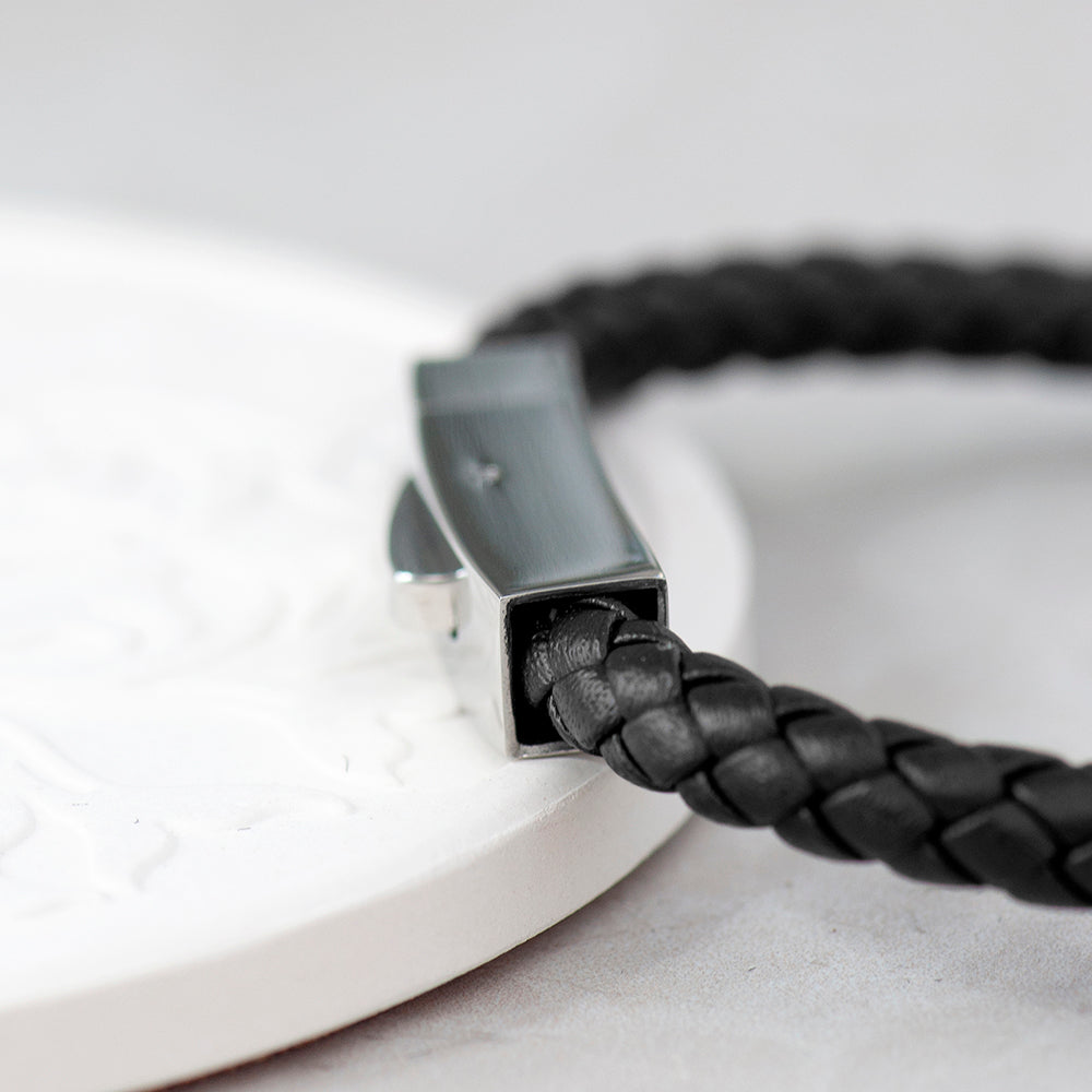 Personalised Men’s Black Leather Bracelet with Tube Clasp: 3 - Bracelets By Gift Moments