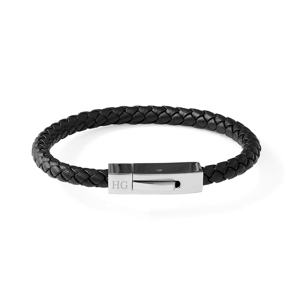 Personalised Men’s Black Leather Bracelet with Tube Clasp: 4 - Bracelets By Gift Moments