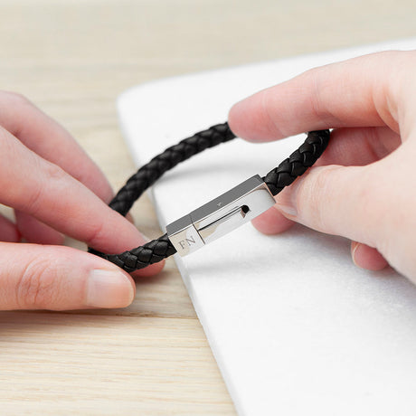 Personalised Men’s Black Leather Bracelet with Tube Clasp: 2 - Bracelets By Gift Moments