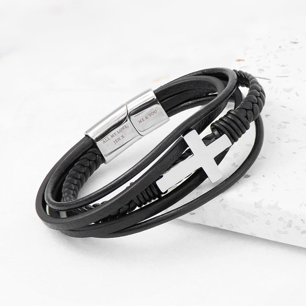 Personalised Men’s Black Leather Cross Stacked Bracelet: 3 - Bracelets By Gift Moments