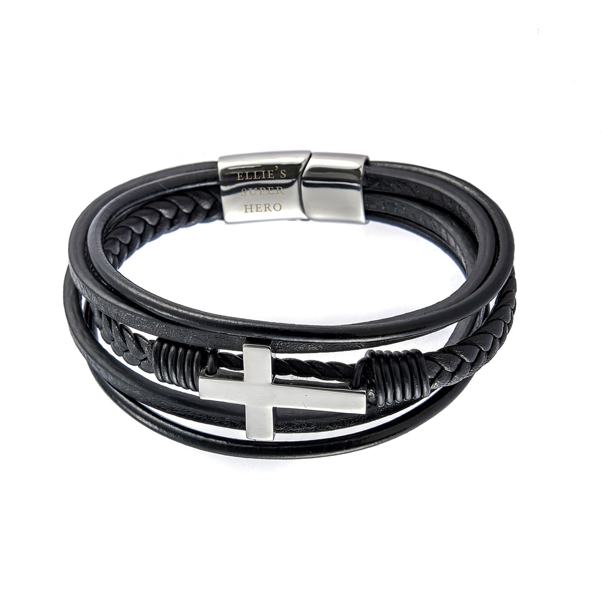 Personalised Men’s Black Leather Cross Stacked Bracelet: 2 - Bracelets By Gift Moments