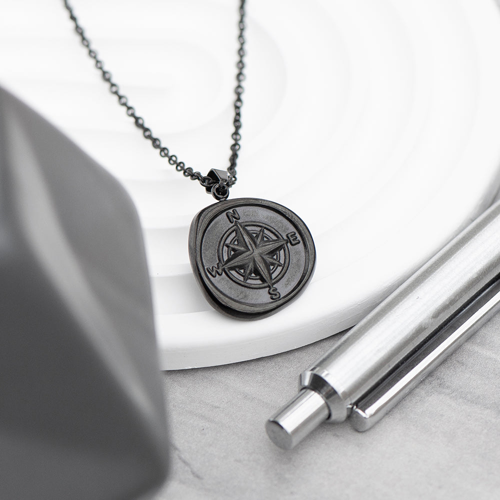 Personalised Men’s Compass Amulet Necklaces: 3 - Gunmetal - Necklaces By Gift Moments