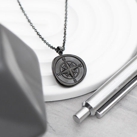 Personalised Men’s Compass Amulet Necklaces: 3 - Gunmetal - Necklaces By Gift Moments