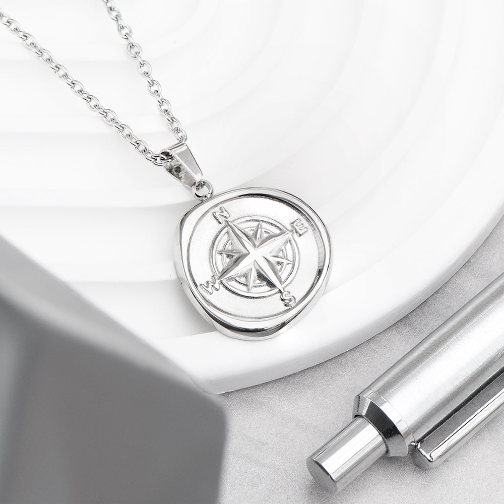 Personalised Men’s Compass Amulet Necklaces: 4 - Silver - Necklaces By Gift Moments