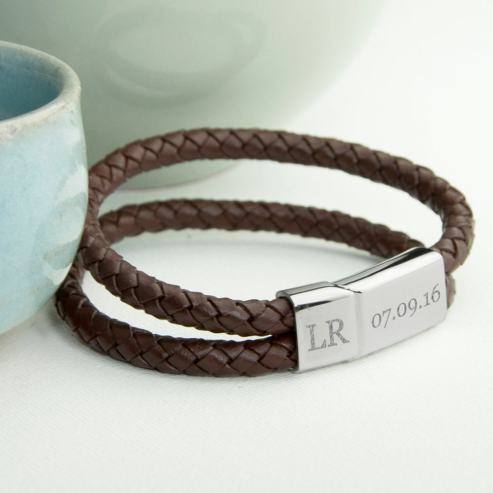 Personalised Men’s Dual Leather Woven Bracelets: 5 - Brown - Bracelets By Gift Moments