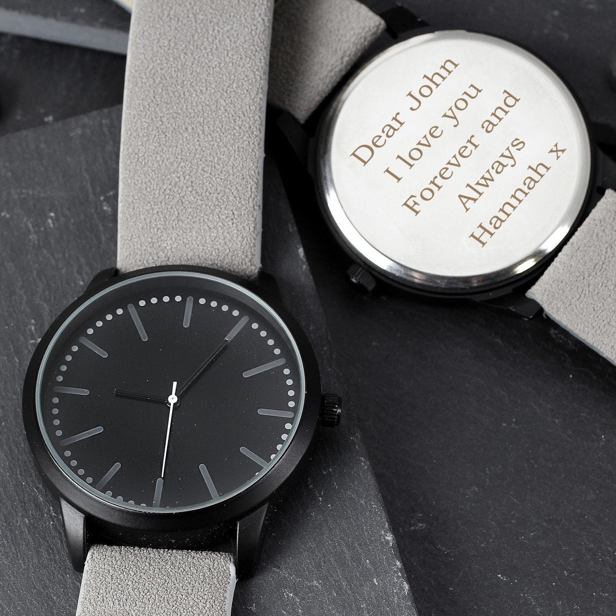Personalised Mens Matte Black Watch with Grey Strap and Presentation Box: 2 - Watches By Gift Moments