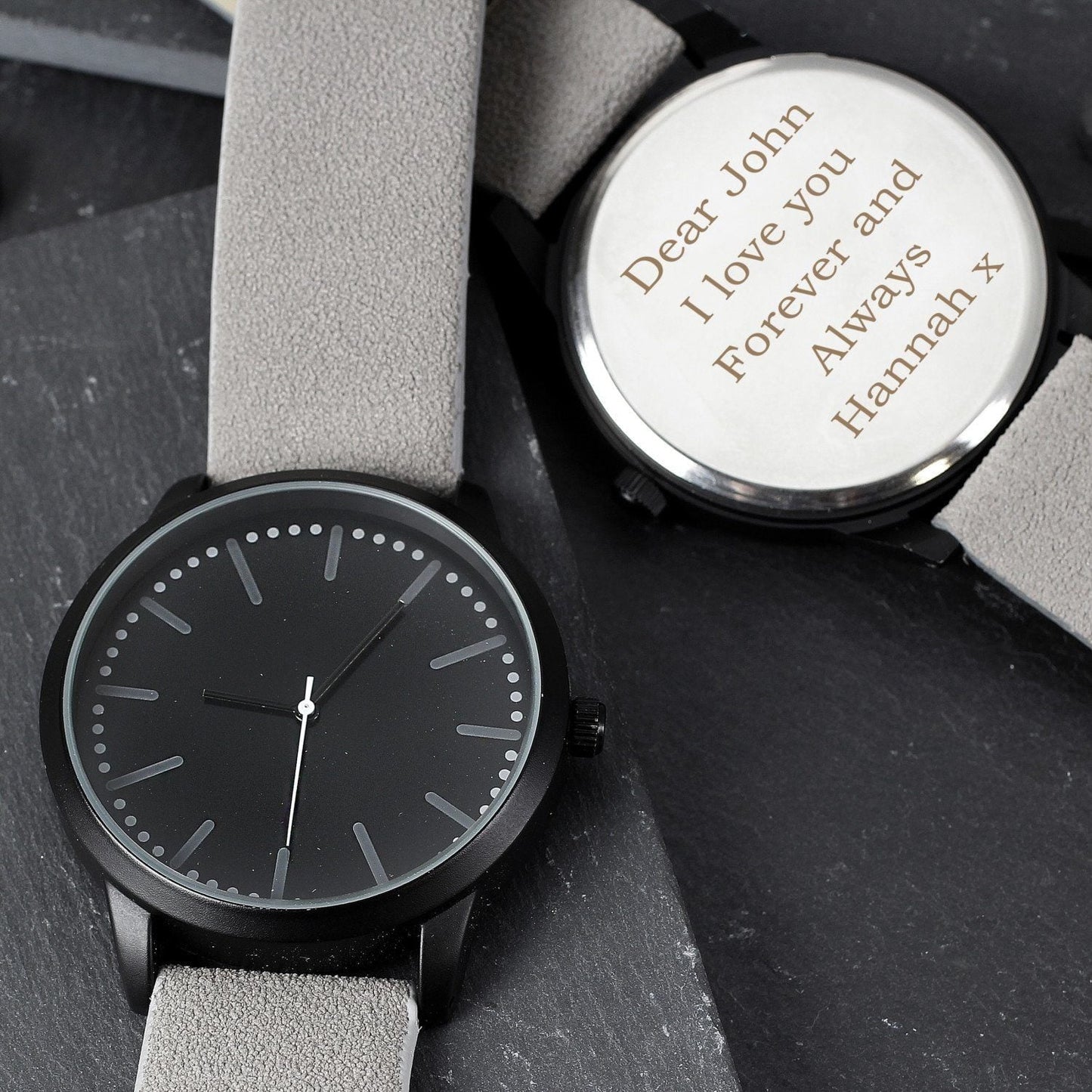 Personalised Mens Matte Black Watch with Grey Strap and Presentation Box: 2 - Watches By Gift Moments