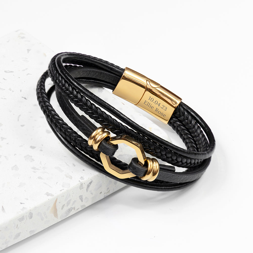 Personalised Men’s Mayfair Leather Bracelets: 1 - Gold - Bracelets By Gift Moments