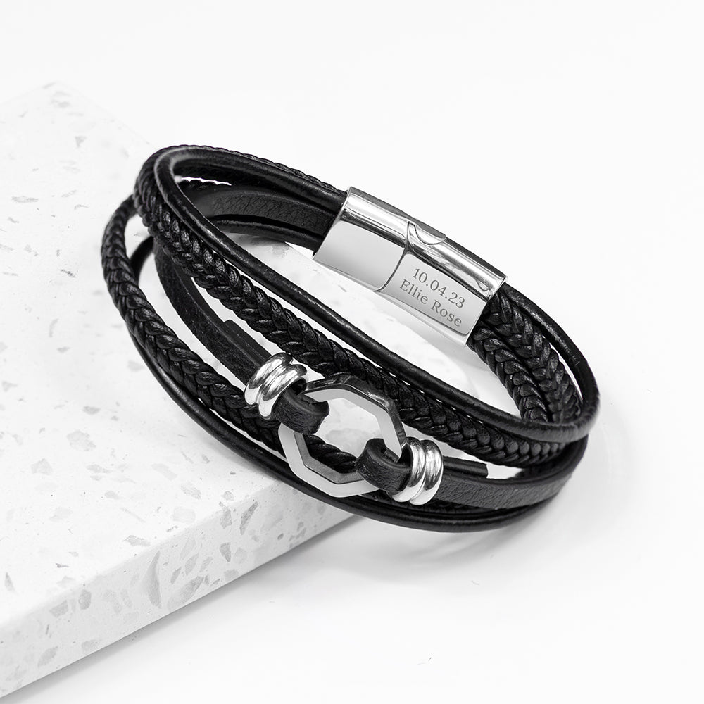 Personalised Men’s Mayfair Leather Bracelet: 2 - Silver - Bracelets By Gift Moments