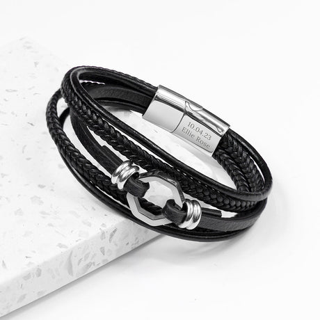Personalised Men’s Mayfair Leather Bracelet: 2 - Silver - Bracelets By Gift Moments