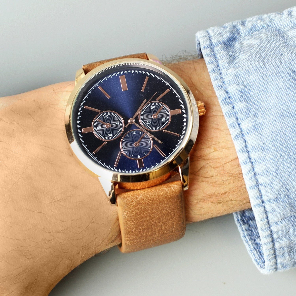 Personalised Mens Rose Gold Tone Watch with Brown Strap and Presentation Box: 5 - Watches By Gift Moments