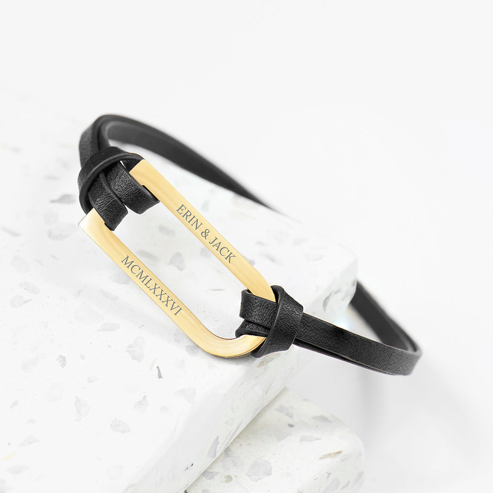Personalised Men’s Shoreditch Gold Bar Leather Bracelets: 1 - Black - Bracelets By Gift Moments