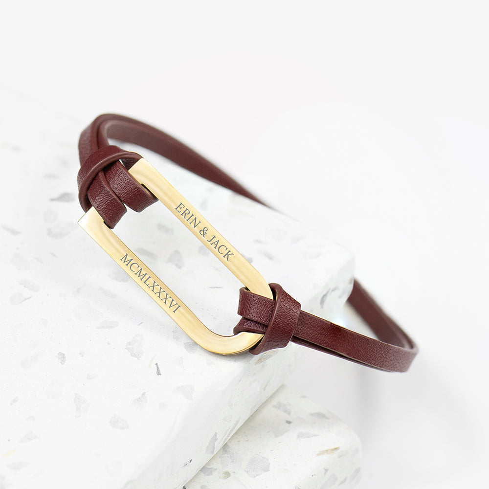 Personalised Men’s Shoreditch Gold Bar Leather Bracelets: 2 - Brown - Bracelets By Gift Moments
