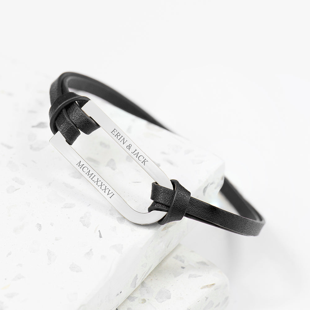 Personalised Men’s Shoreditch Silver Bar Leather Bracelets: 1 - Black - Bracelets By Gift Moments